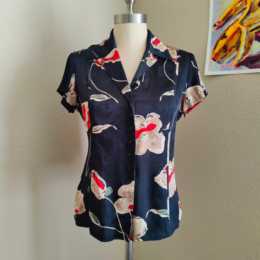 Y2K Jones‎ New York 100% Silk Jacquard Floral Button Up Blouse Black Office 6